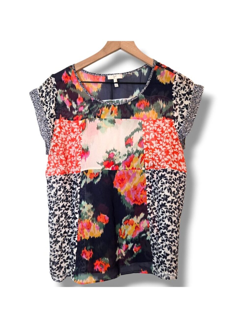 Joie top womens Medium patchwork floral blue orange 100% Silk cap-sleeve